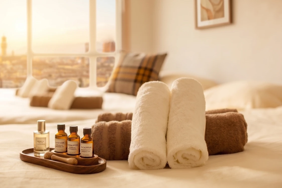 Kit de bienvenue premium avec champagne pour location Airbnb gérée par la conciergerie Cesc Riviera à Hyères